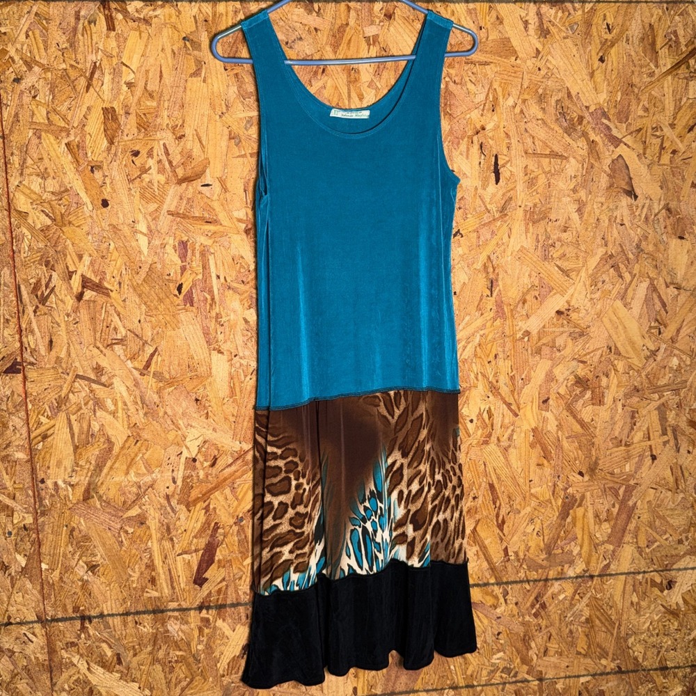 VTG Y2K Look Original Midi Tank Dress Blue Leopard Print Colorblock Party Vaca S